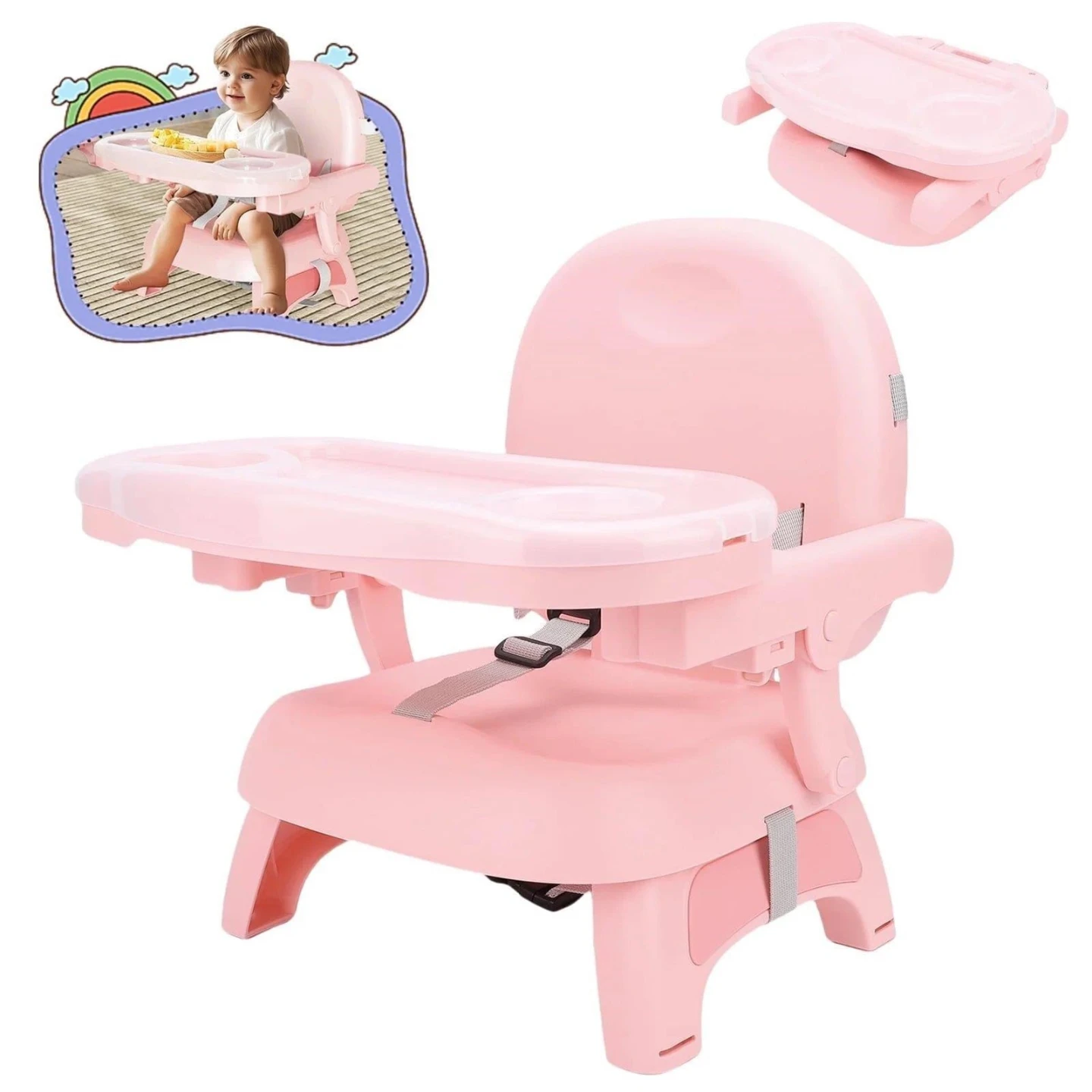 New-->Pink Portable Baby High Chair Booster Seat with Tray - photo 2
