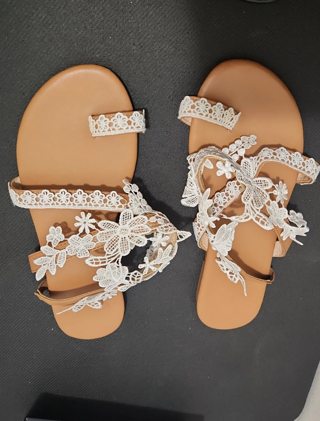 Brown Sandals with White Lace Detail - photo 2