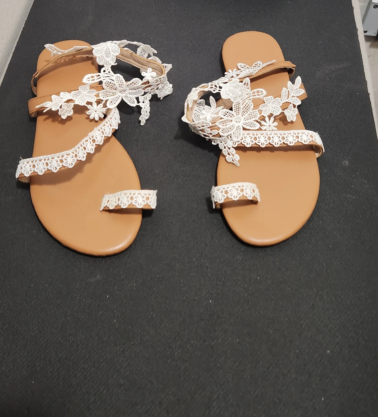 Brown Sandals with White Lace Detail - photo 3