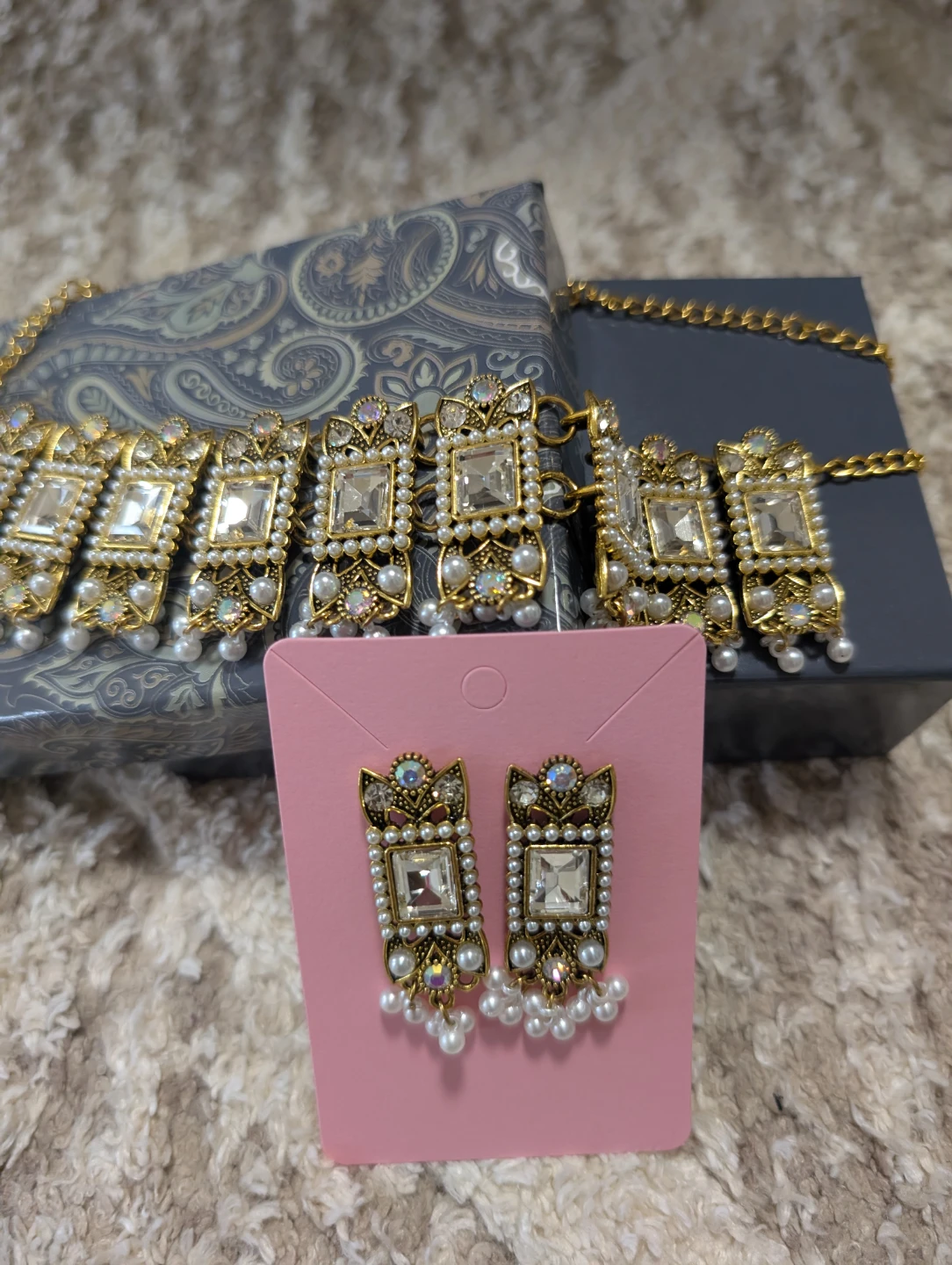 NUSH Gold Tone Necklace and Earring Set with Box