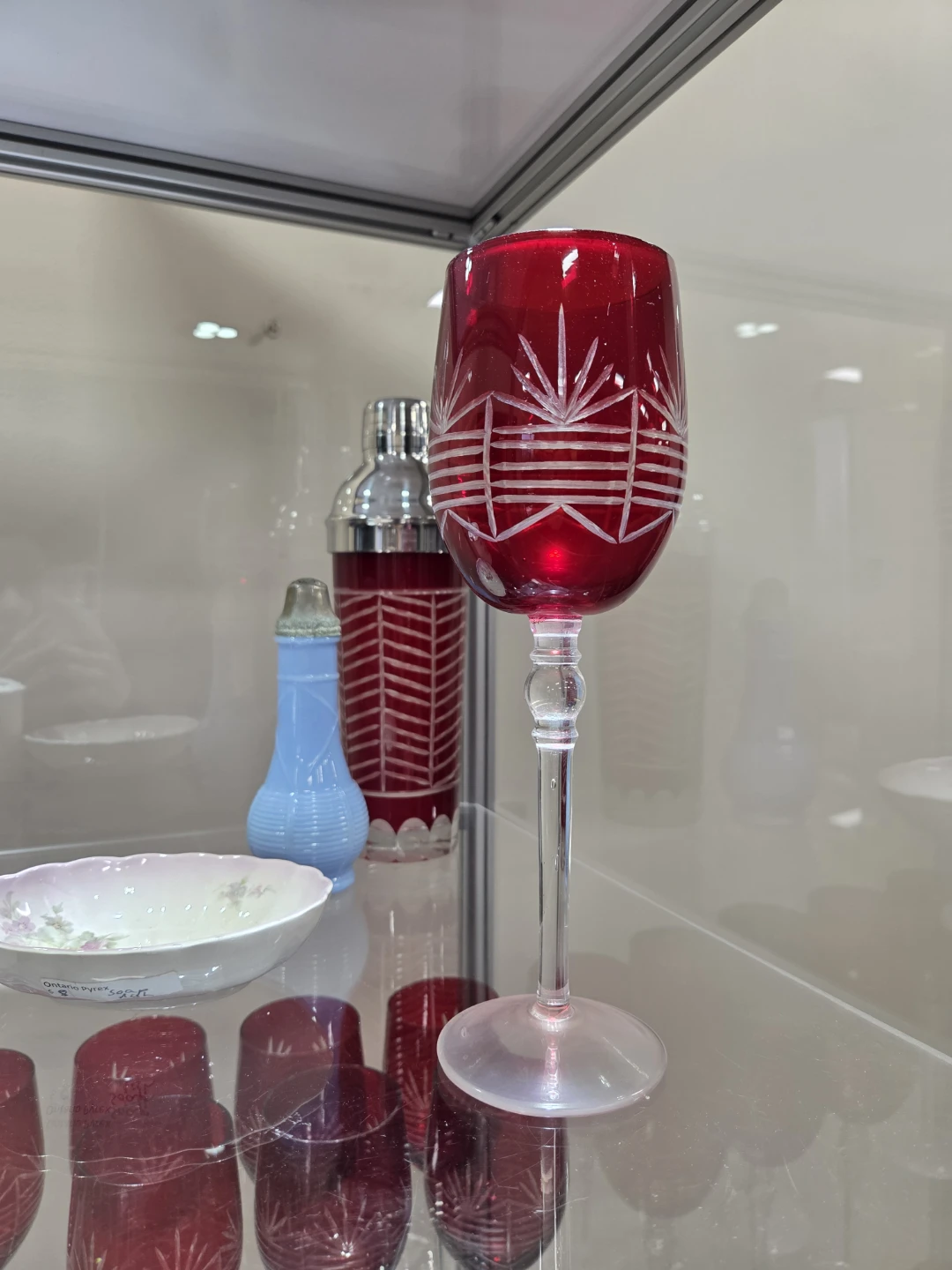 Set of 12 Red Etched Wine Glasses plus shaker