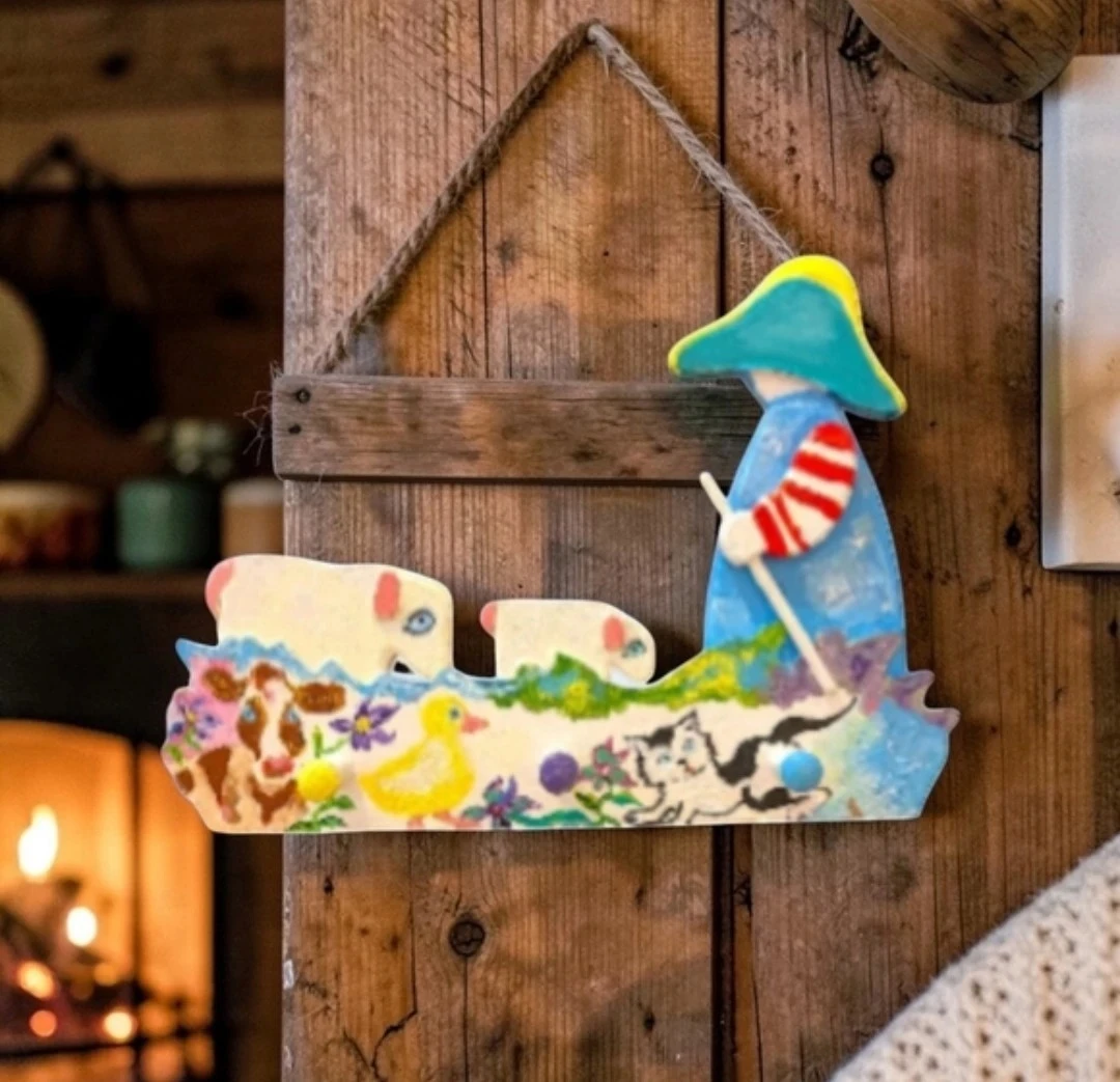 Handcrafted Folk Art Farm Animal Wall Hanger Shepherd Sheep Cow - photo 5