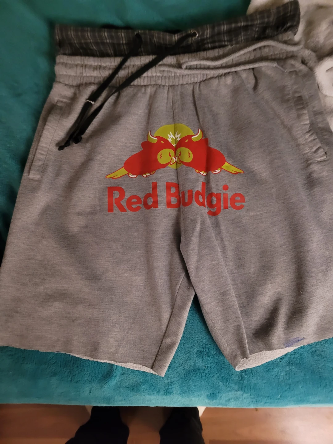 Reworked Red Budgie Grey Sweat Shorts