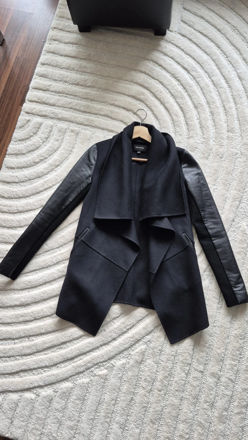 Mackage Vane Draped Wrap Leather-Sleeve Coat, Black, XXS