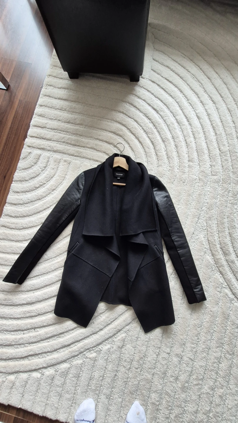 Mackage Vane Draped Wrap Leather-Sleeve Coat, Black, XXS - photo 2