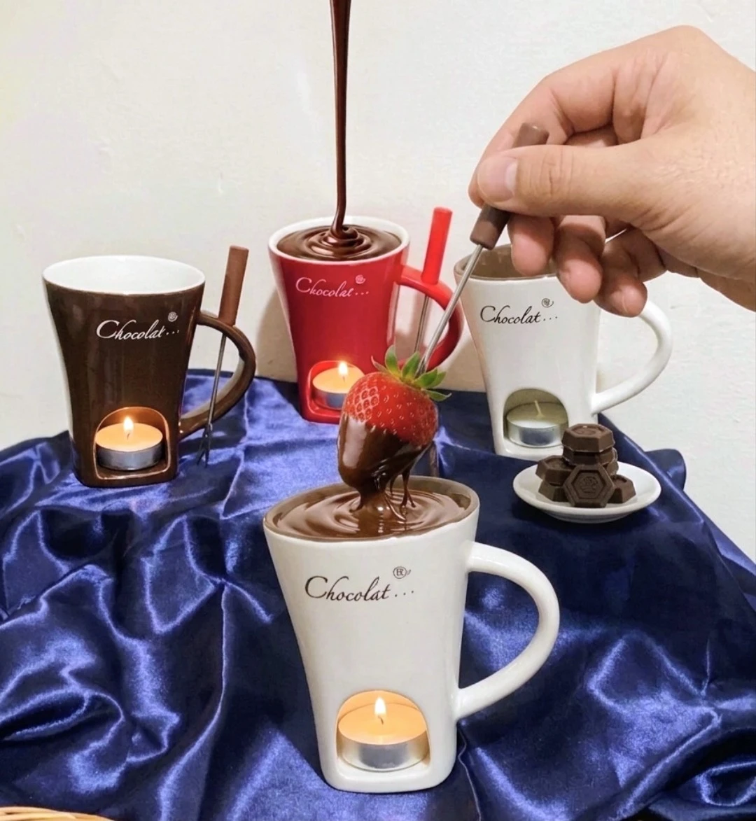 ​Luxury Chocolate Fondue Set - 3 Ceramic Mugs & Forks