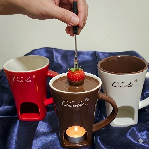 ​Luxury Chocolate Fondue Set - 3 Ceramic Mugs & Forks - photo 4