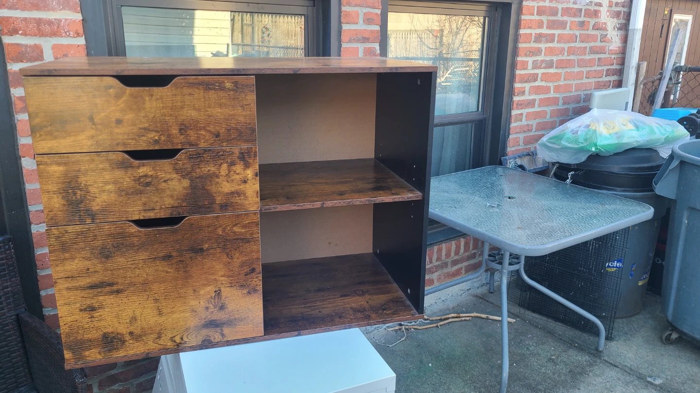 Wood Finish Storage Cabinet with 3 Drawers and Open Shelves