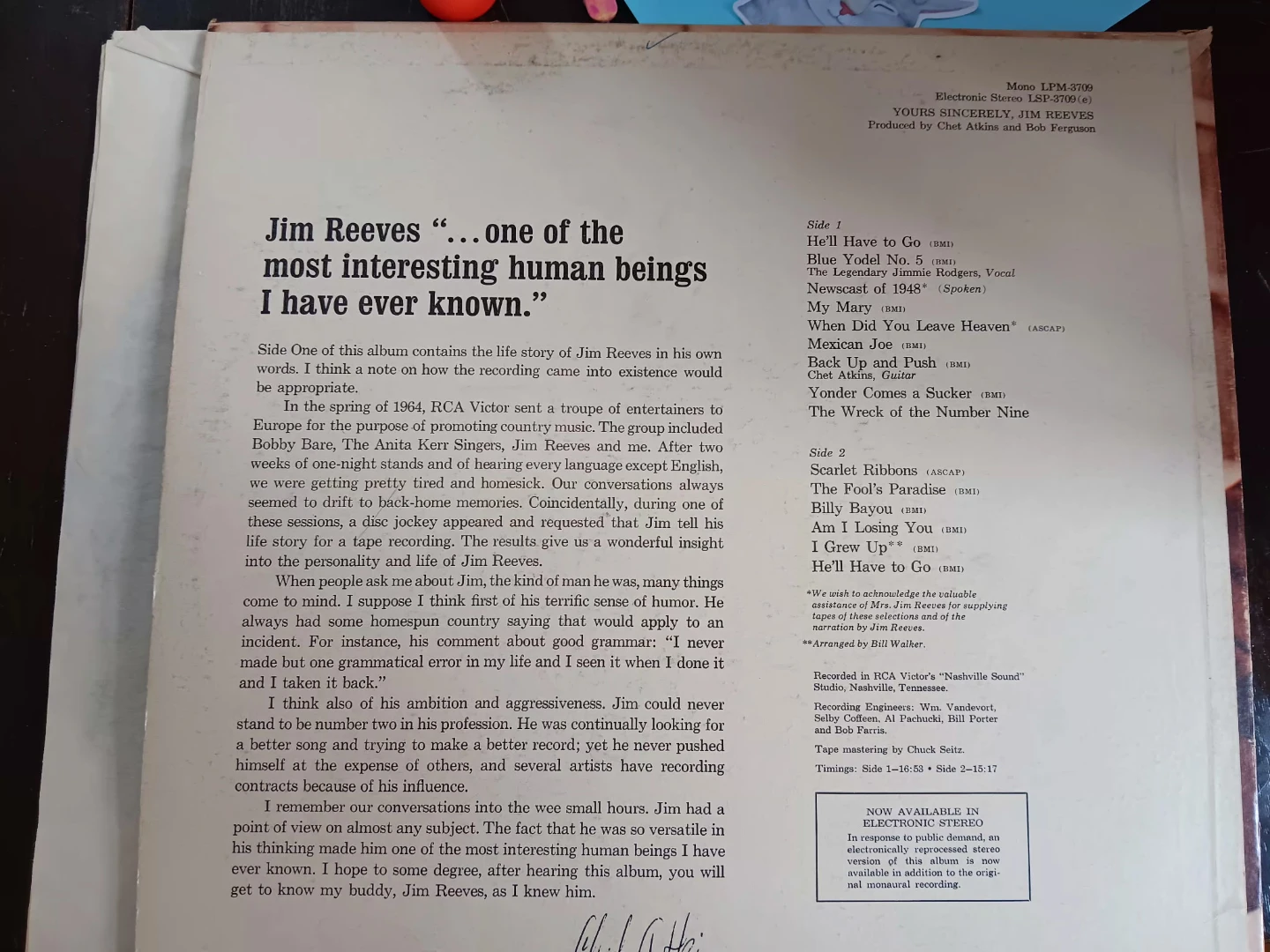 Yours Sincerely Jim Reeves Vinyl Record RCA Victor LPM-3709 - photo 2