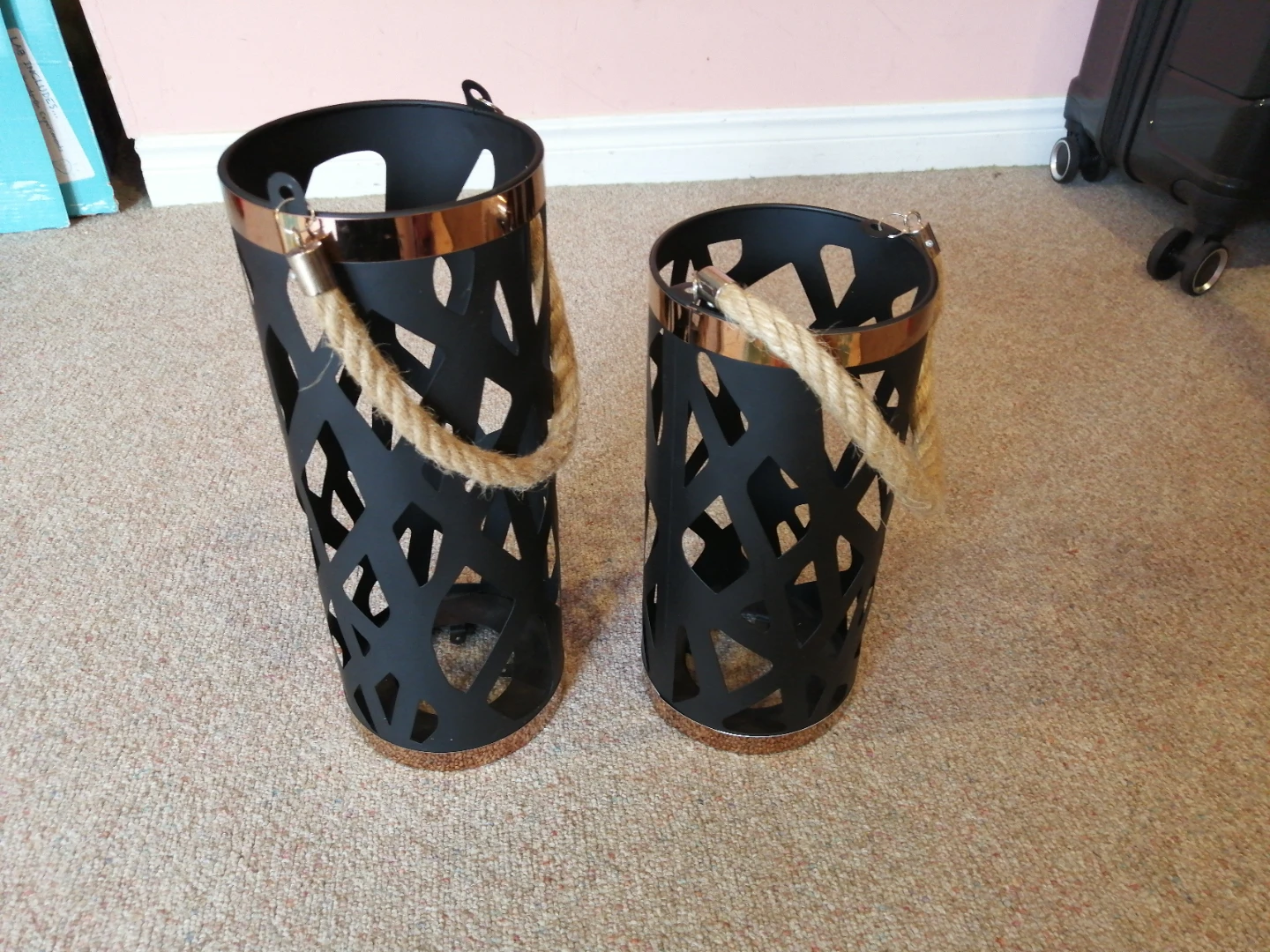 Set of 2 Black Lanterns with Rope Handles