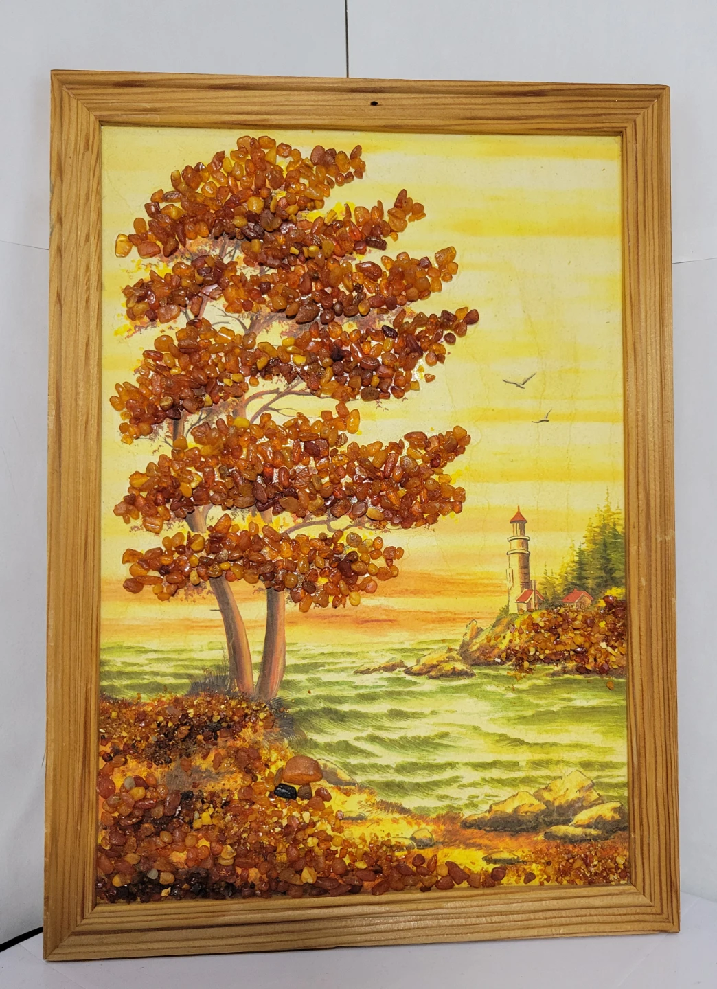 Framed Vintage Handmade USSR Soviet Amber Landscape Art 9.5"×13"