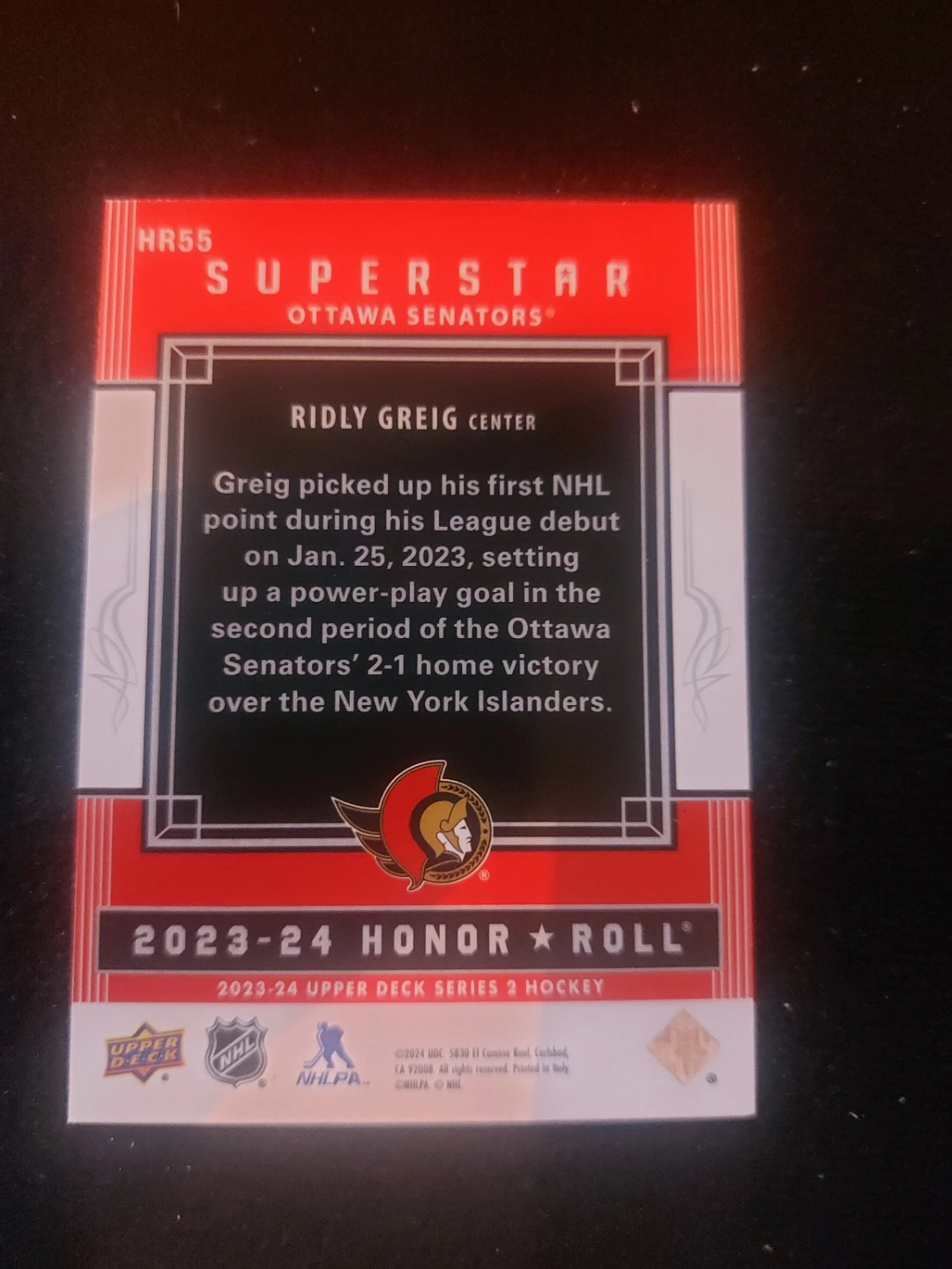 2023-24 Upper Deck Hockey Card - Ridley Greig - Ottawa Senators - photo 2