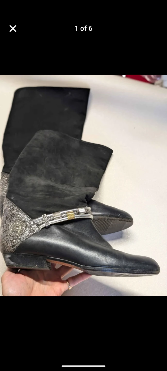 Black Leather Knee-High Boots with Silver Embellishments