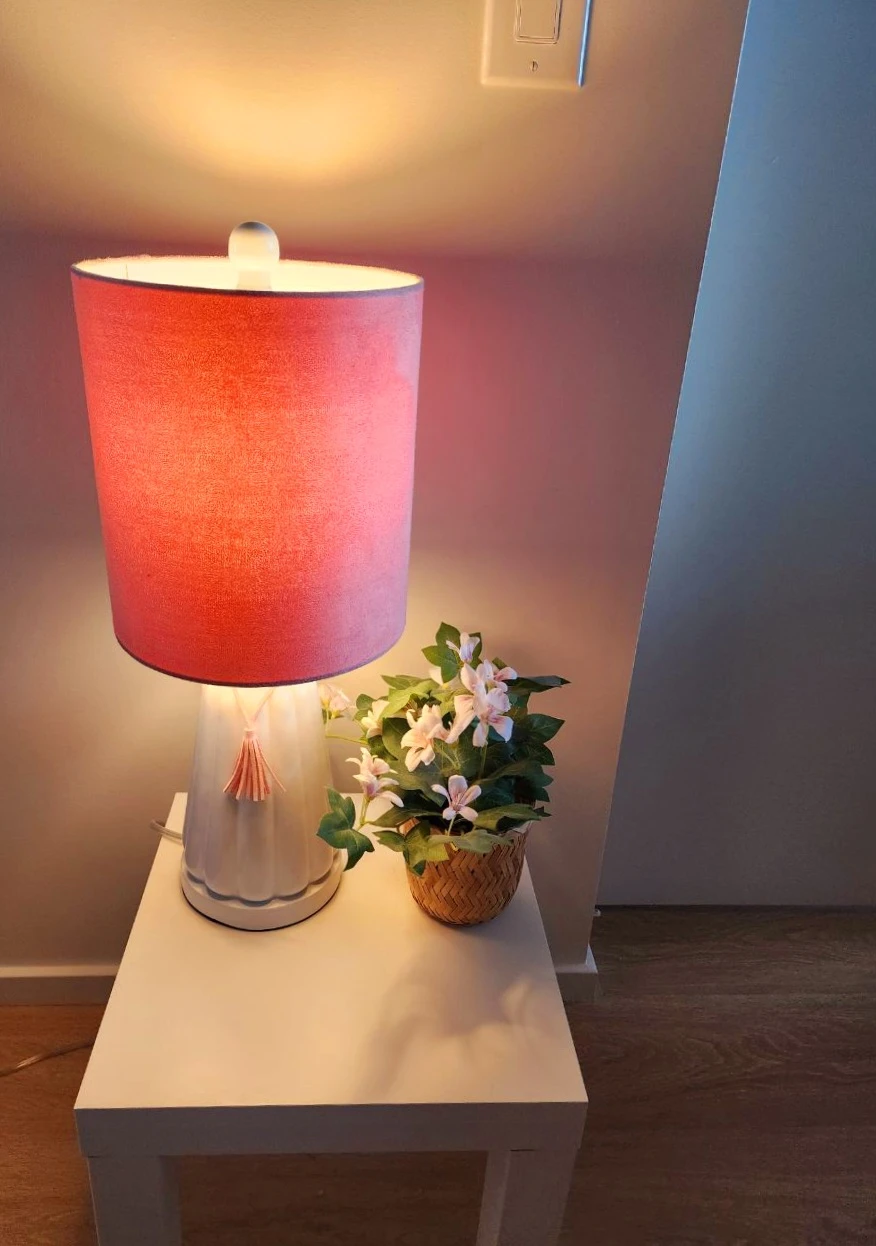 Pink Velvet Table Lamp and Bamboo Basket with Artificial Plant - photo 4