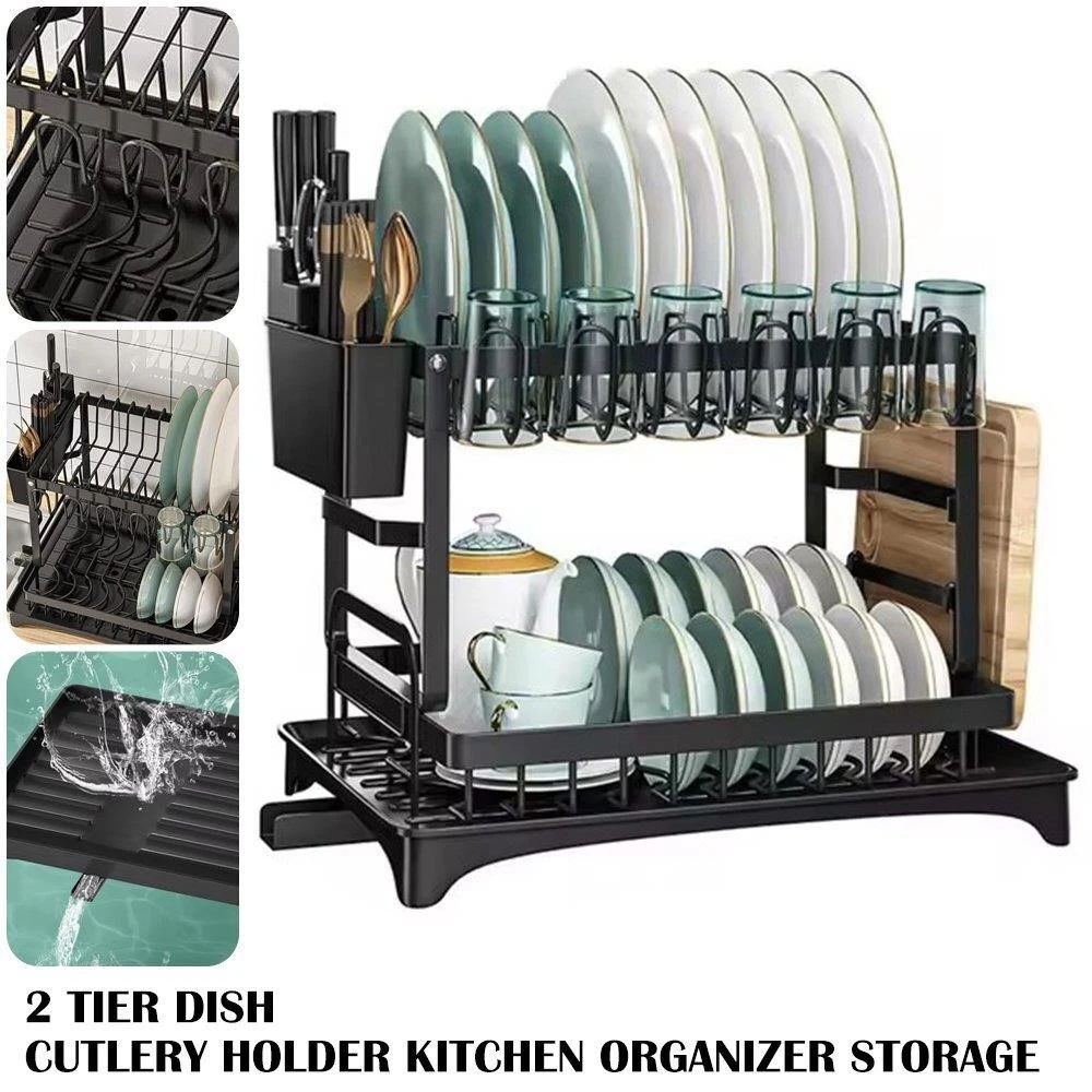 New-2 Tier Dish Rack with Cutlery Holder Kitchen Organizer