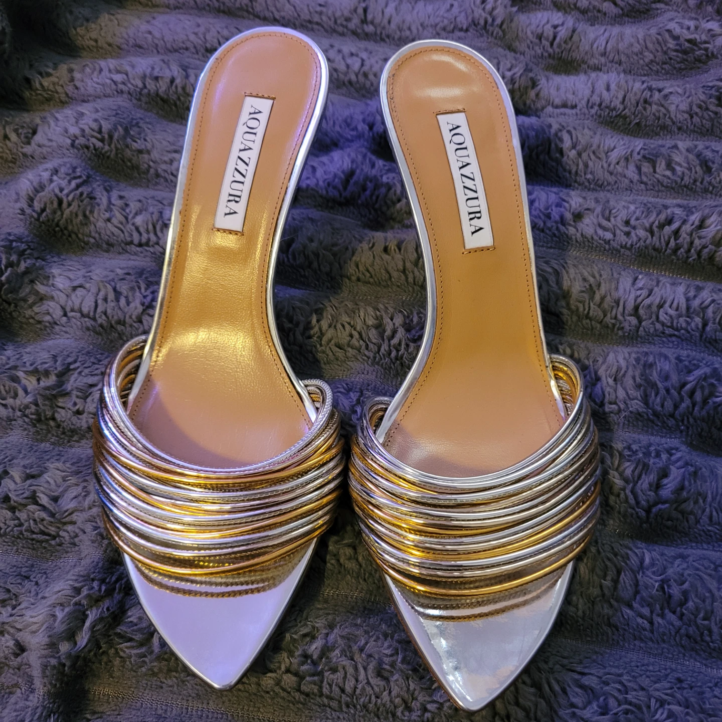 Aquazzura Silver and Gold Strappy Heels 38.5/7.5us