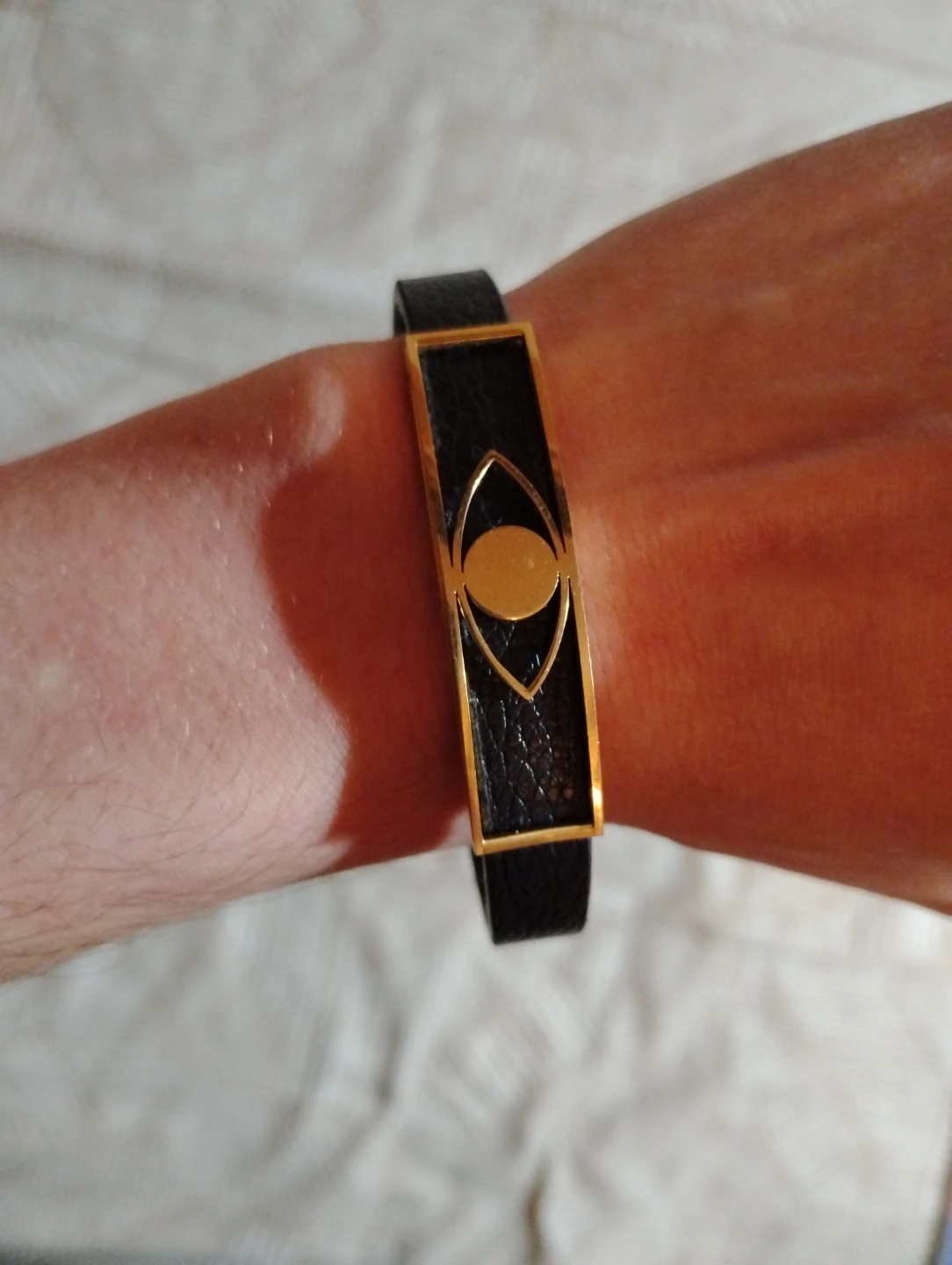 Black Leather Bracelet with Gold Eye Accent