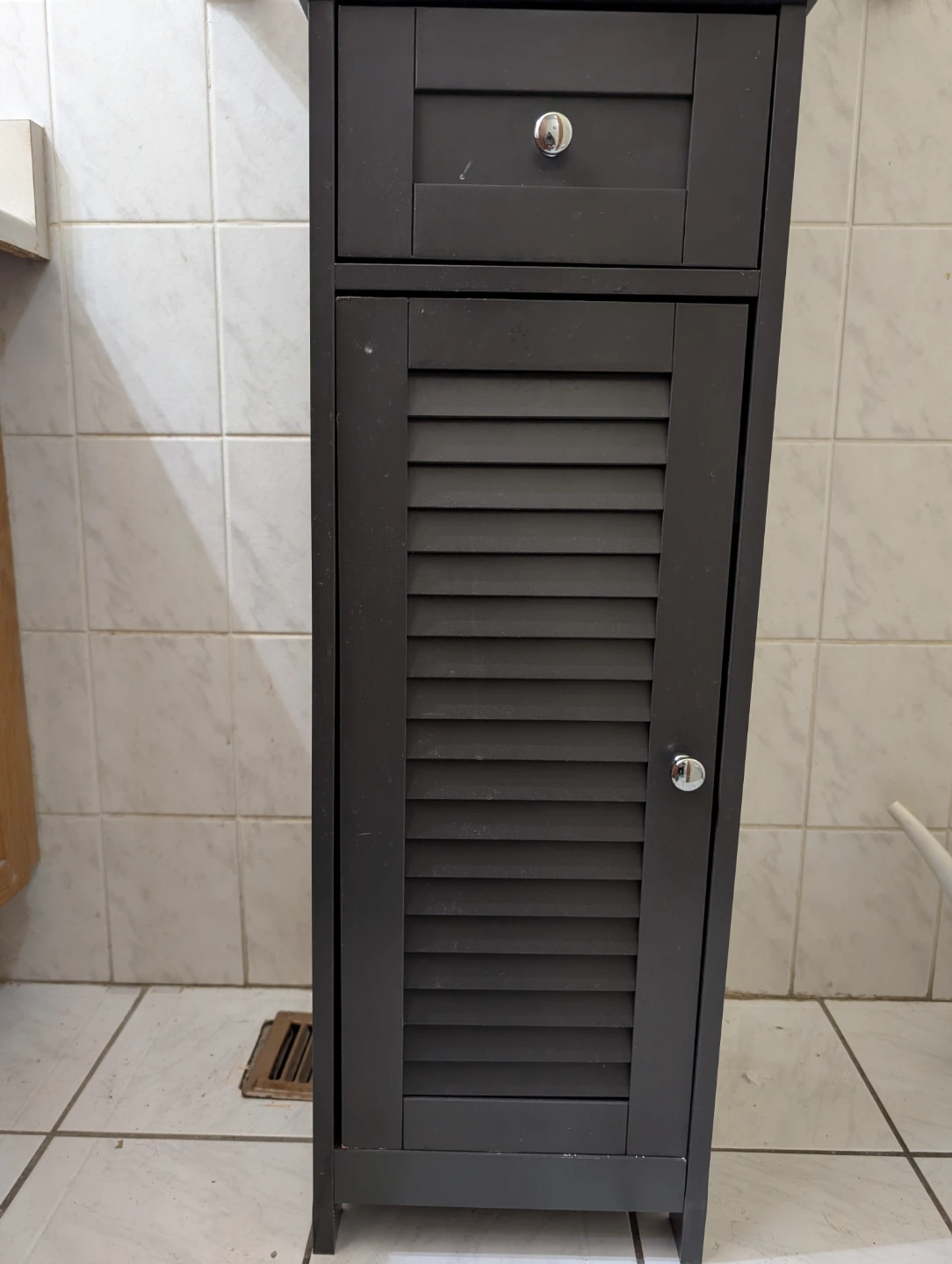 Dark Brown Storage Cabinet with Louvered Doors and Drawer