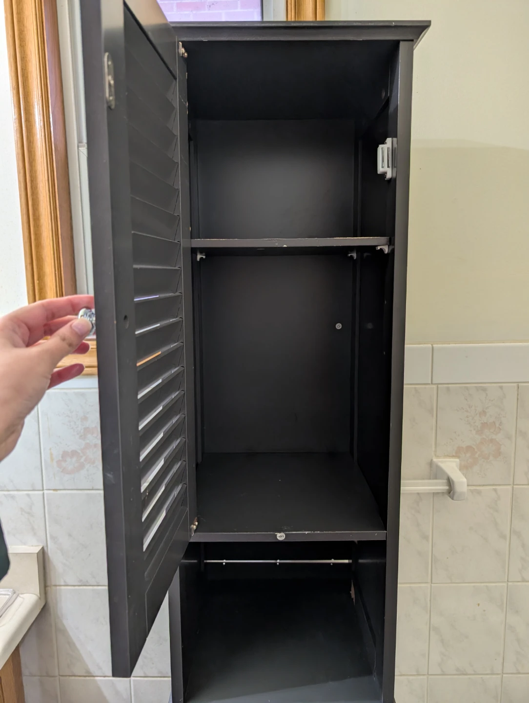 Dark Brown Storage Cabinet with Louvered Doors and Drawer - photo 4