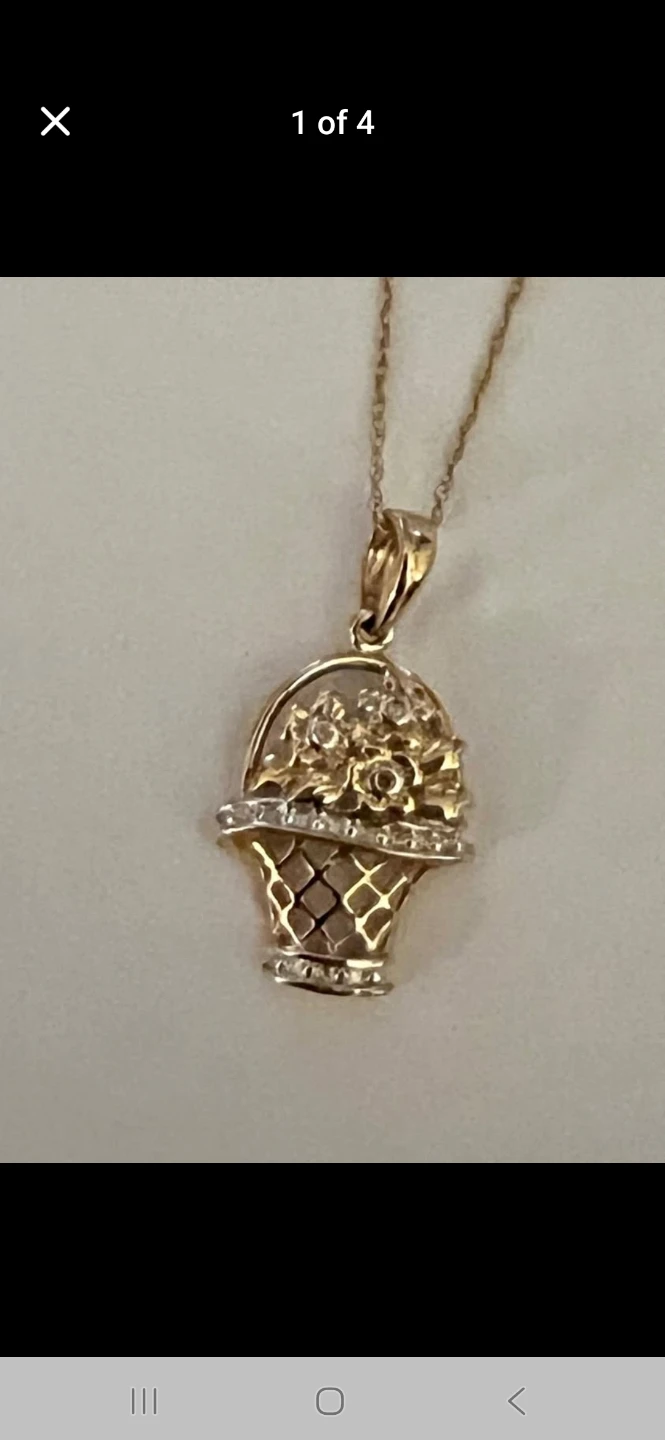 Gold Flower Basket Pendant & Chain Necklace in solid 10K gold