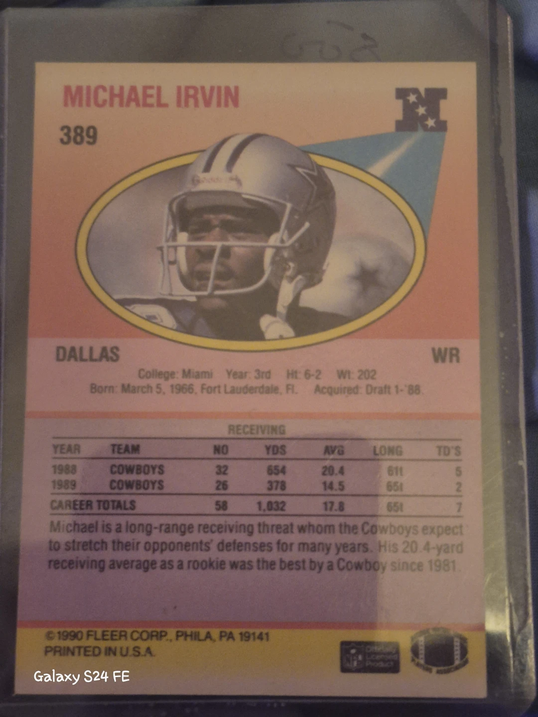 1990 Fleer Michael Irvin Dallas Cowboys Wide Receiver - photo 2