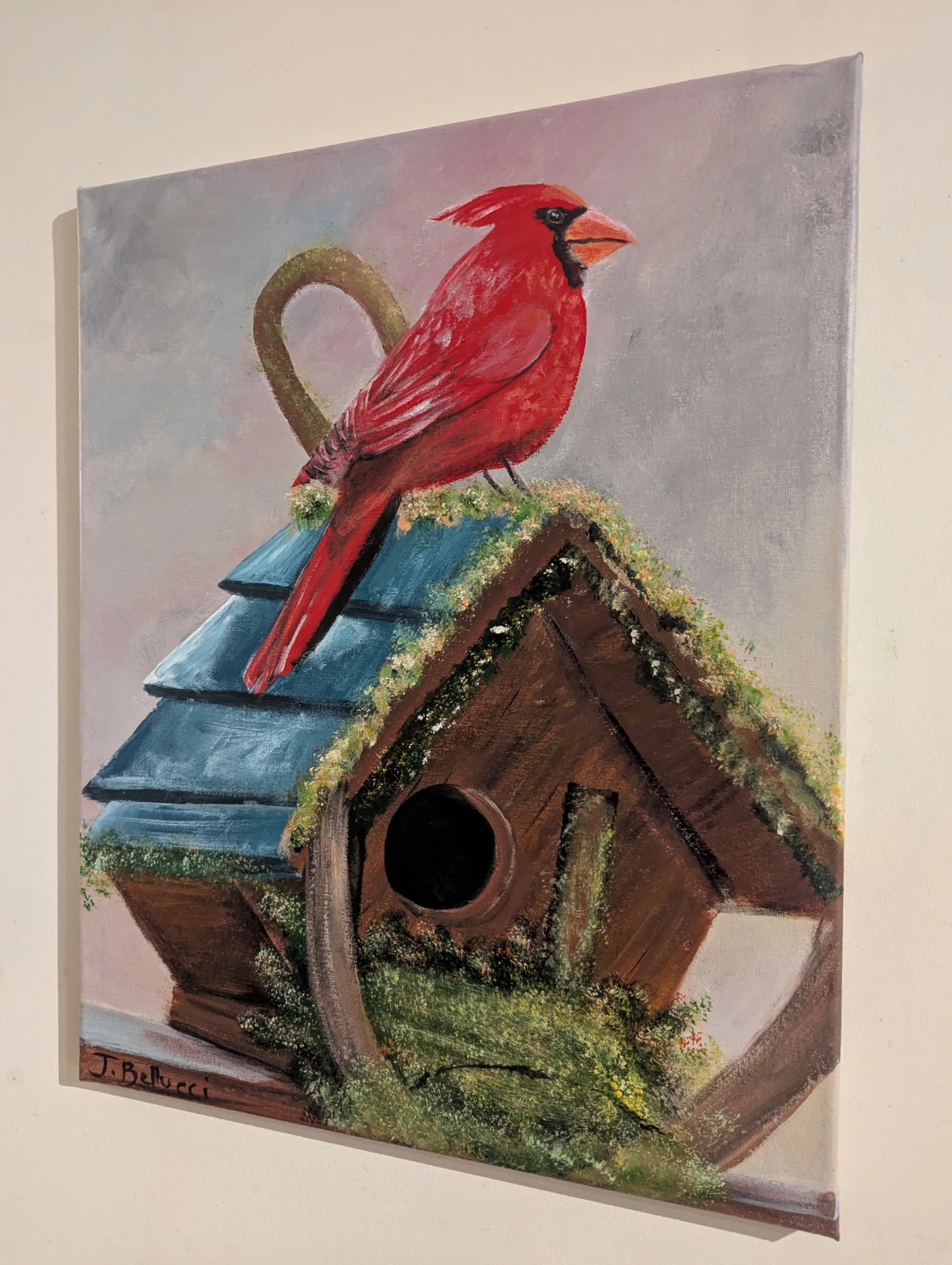 Cardinal on Birdhouse Painting by J. Bellucci