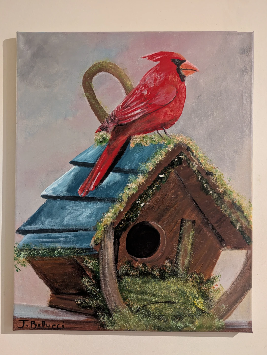 Cardinal on Birdhouse Painting by J. Bellucci - photo 2