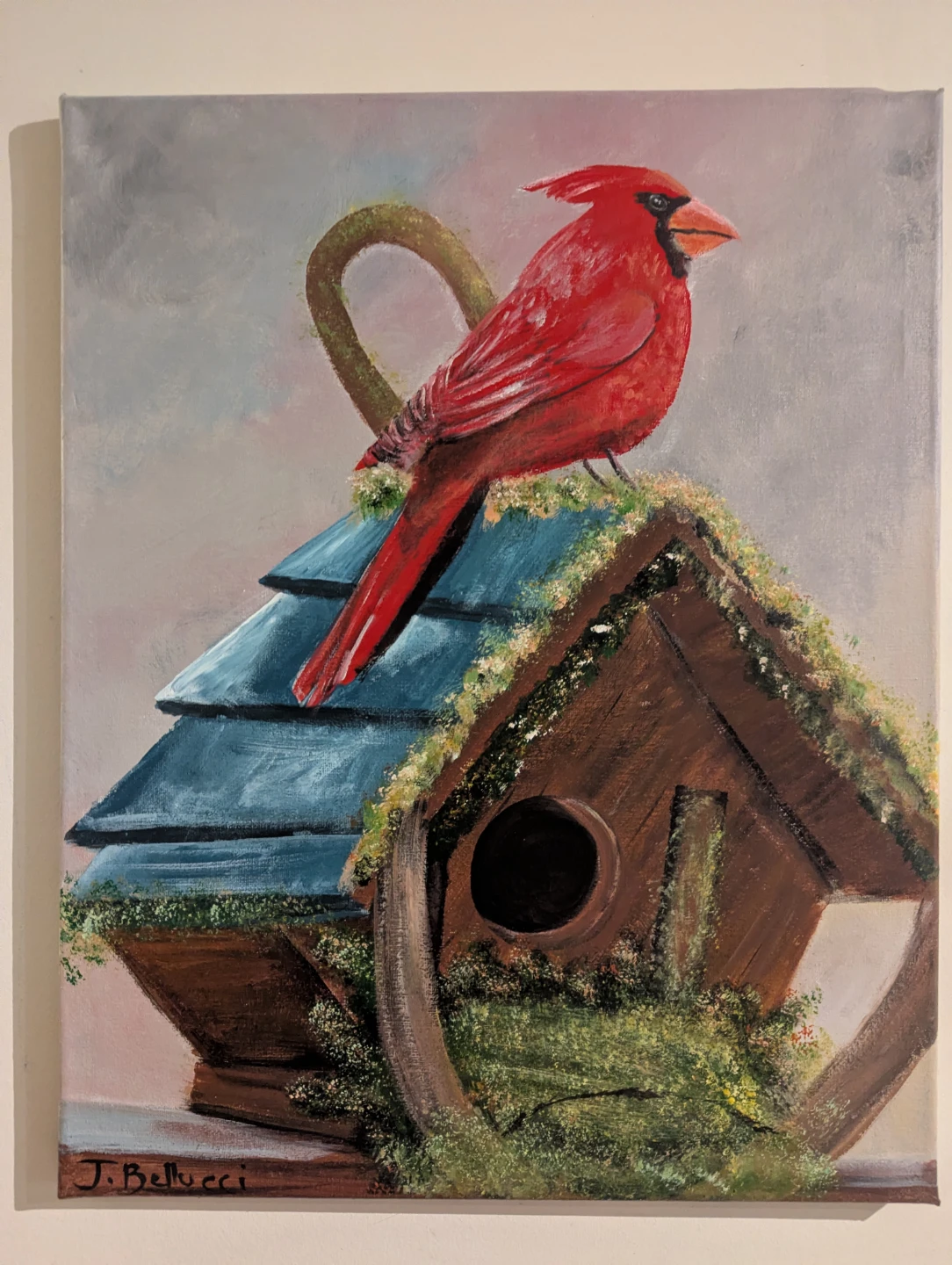 Cardinal on Birdhouse Painting by J. Bellucci - photo 3