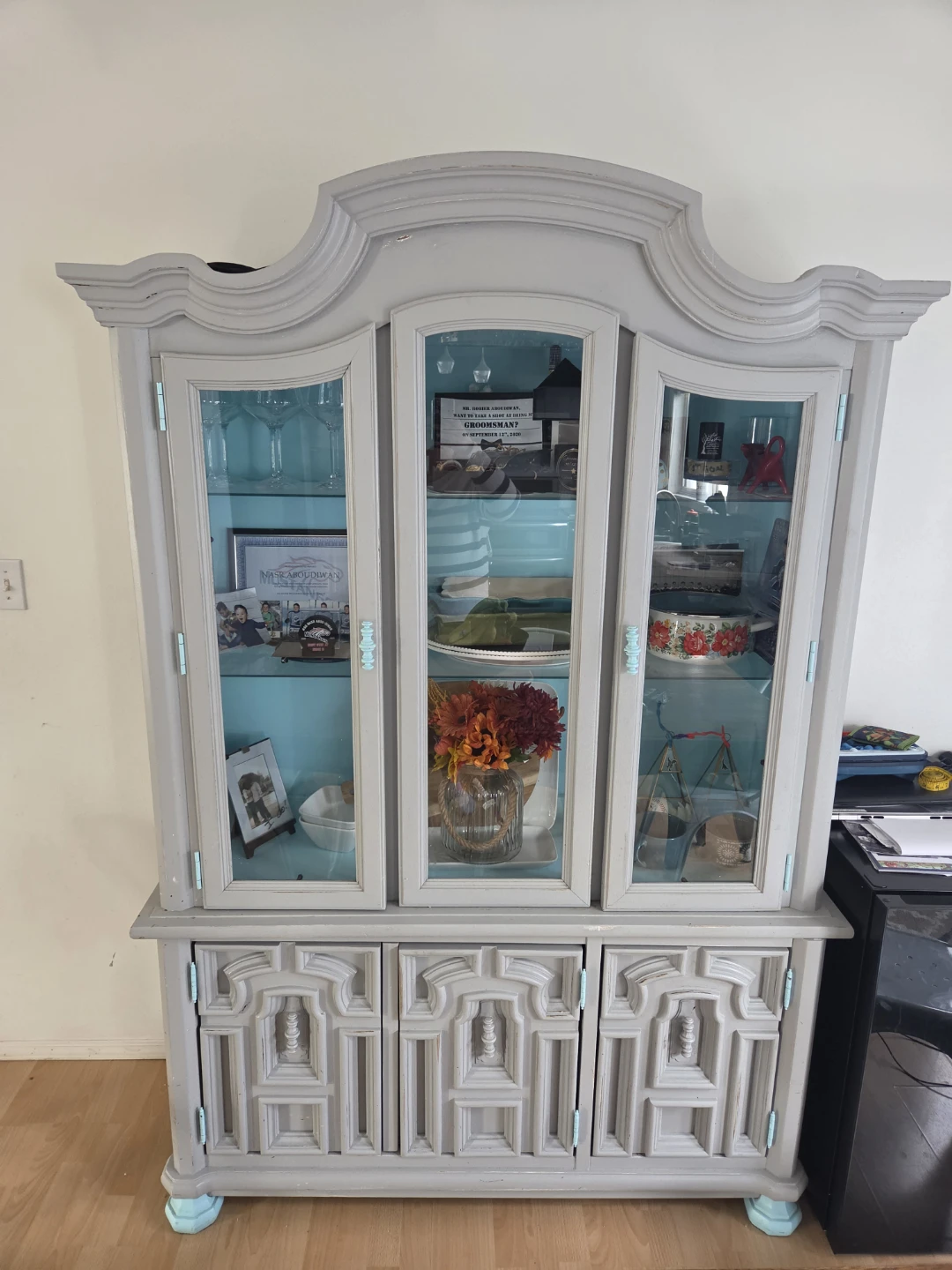 Grey China Cabinet with Glass Doors