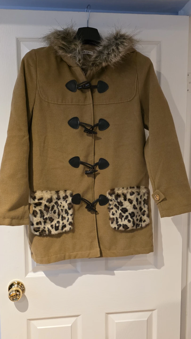 Brown toggle coat with faux fur trim and leopard print pockets