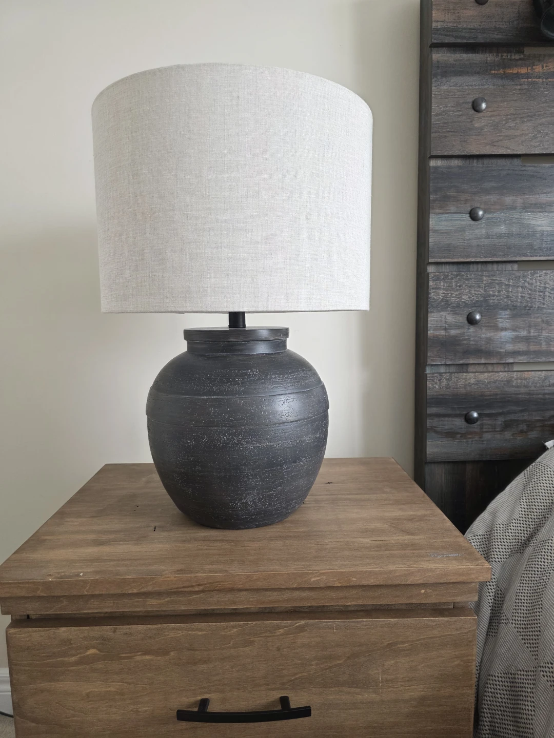 Dark Grey Textured Ceramic Table Lamp with Linen Shade