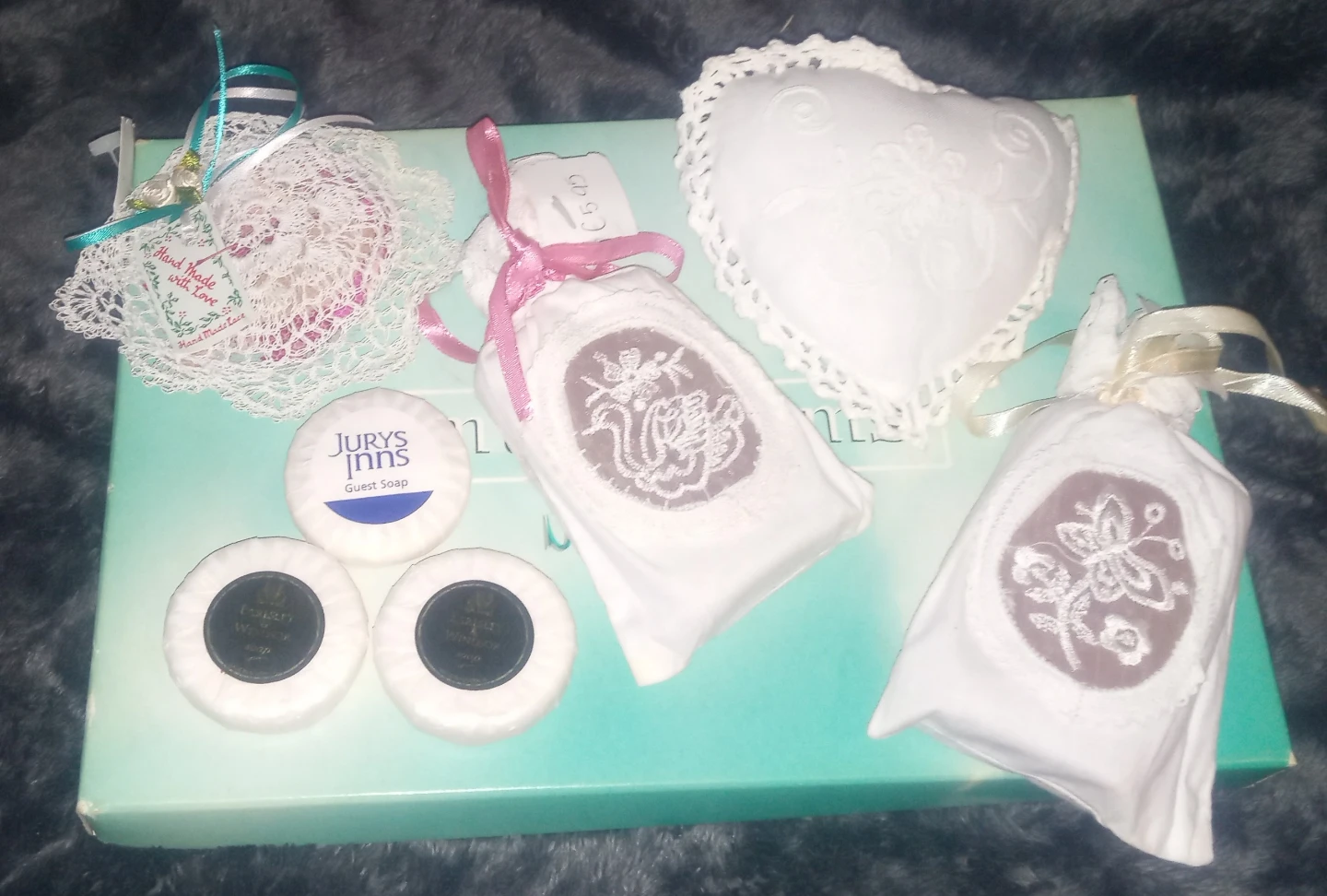 Ireland import lot; soaps lace scent mini heart pillow