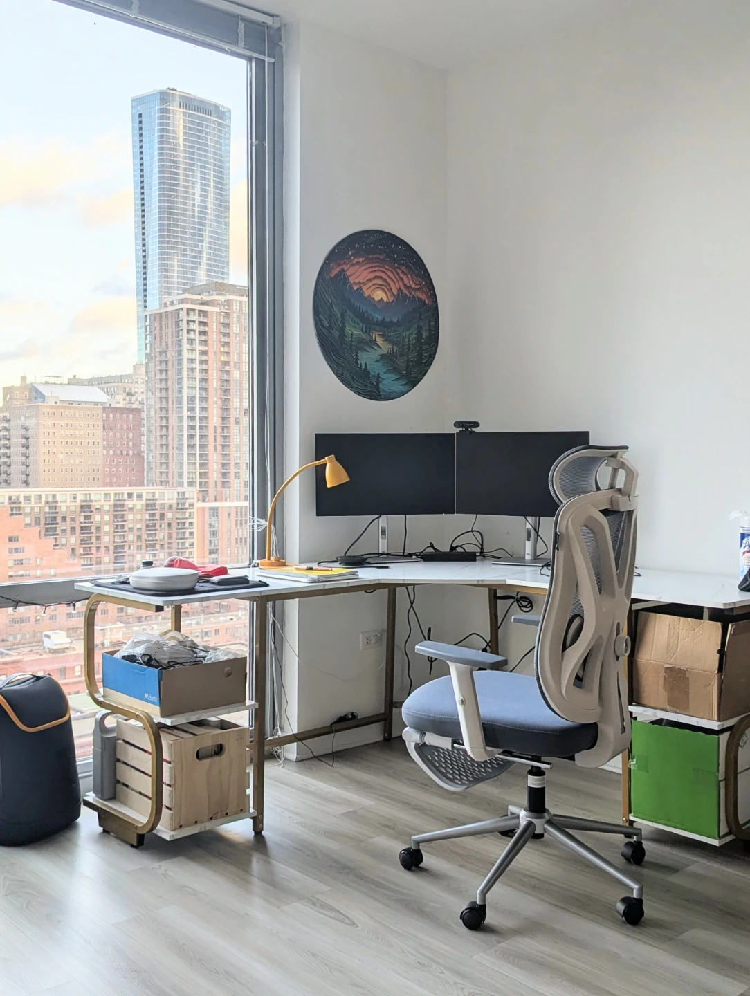 L-Shaped Desk with Shelving - White Marble Finish