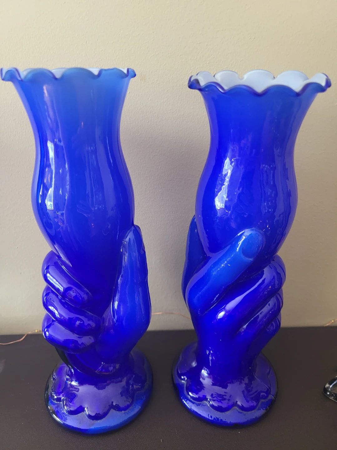 Pair of Cobalt Blue Glass Vases with Hand Design