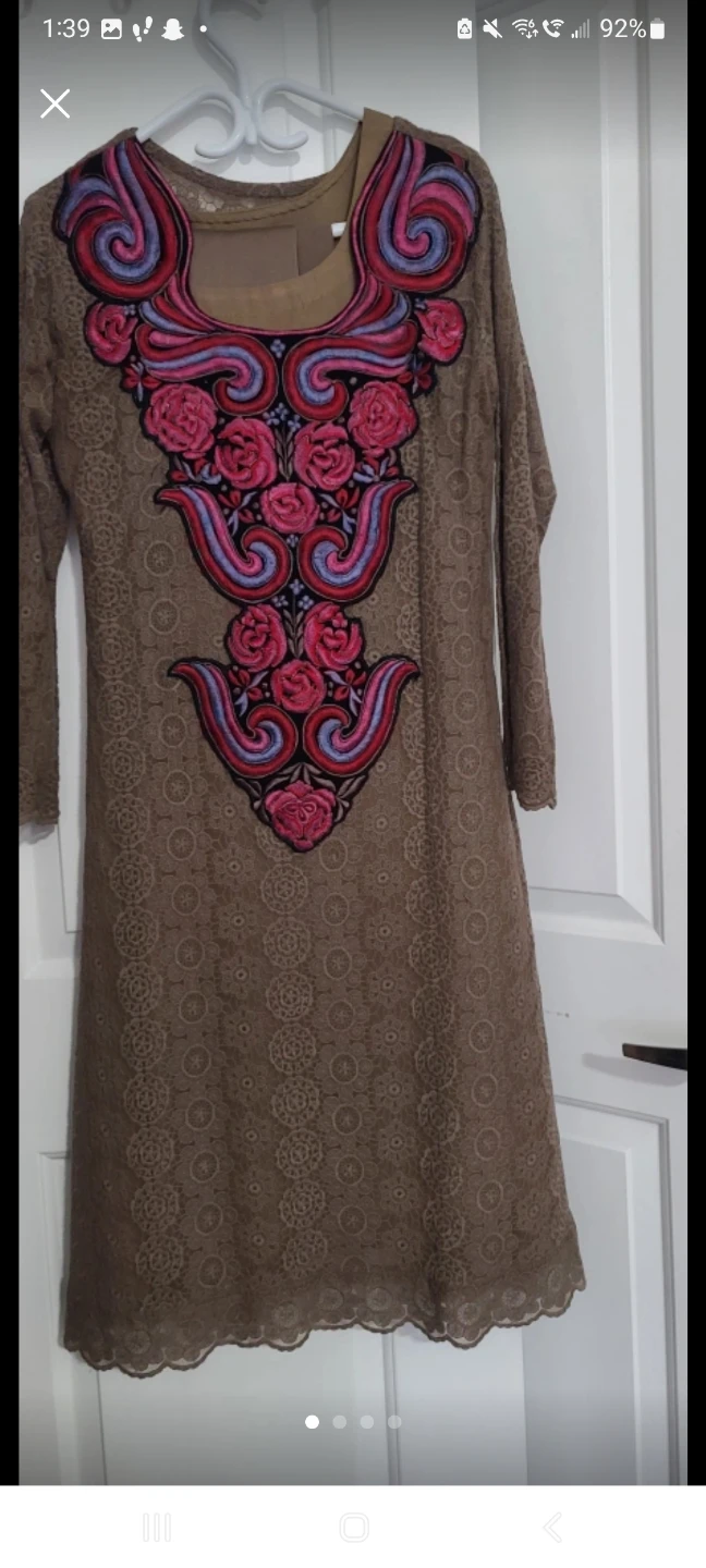 Women's Brown Lace Dress with Embroidered Neckline