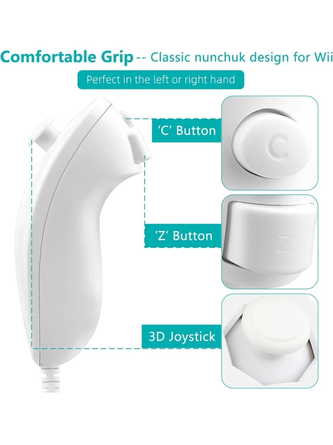 Wired Nunchuck Controller for Nintendo Wii Motion Control White - photo 4