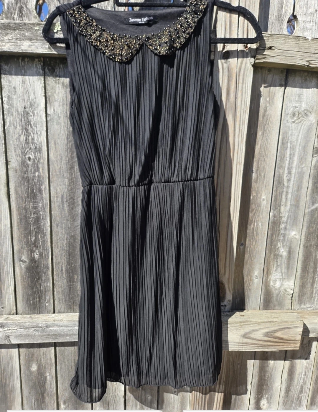 Janette Fashion Black Pleated Dress with Embellished Collar