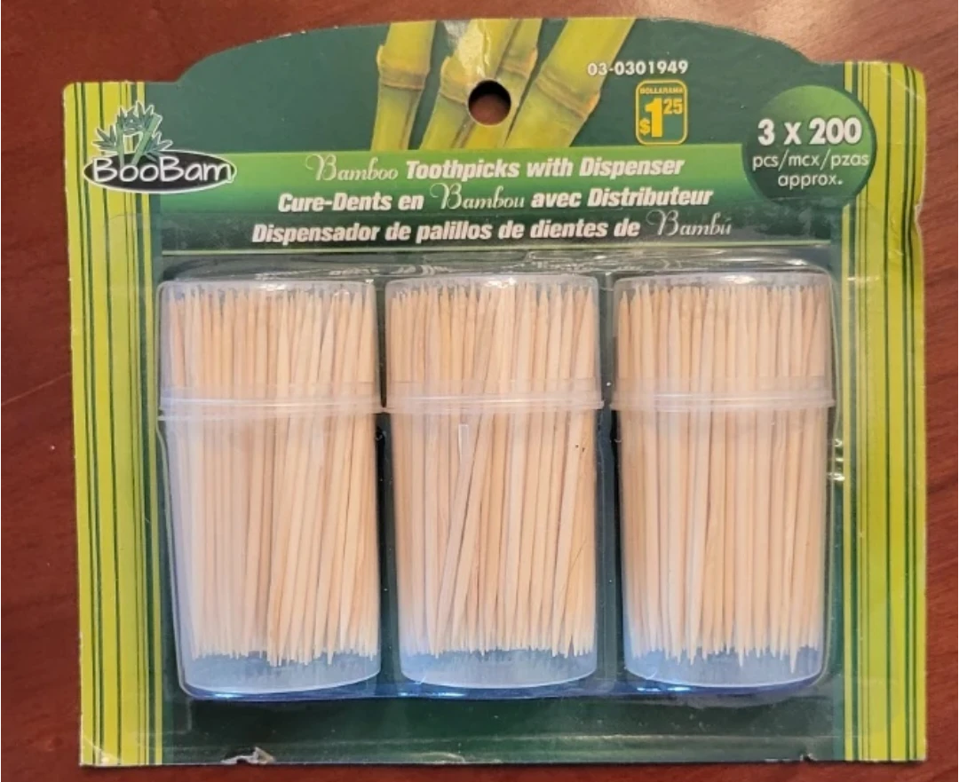 BooBam Bamboo Toothpicks with Dispenser (3 x 200 pcs)