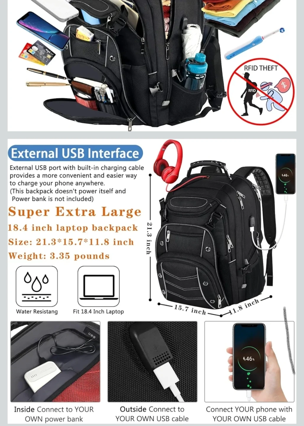 Black 18.4 Inch Laptop Backpack with USB Charging Port - photo 3