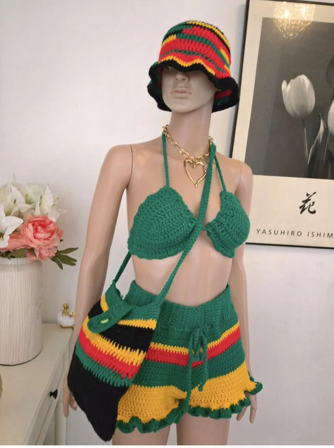 Crocheted 3-Piece Swimsuit Set with Bucket Hat and Bag