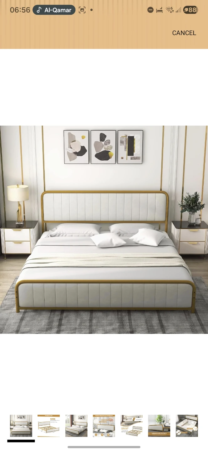 King Size Metal Bed Frame with White Upholstered Headboard