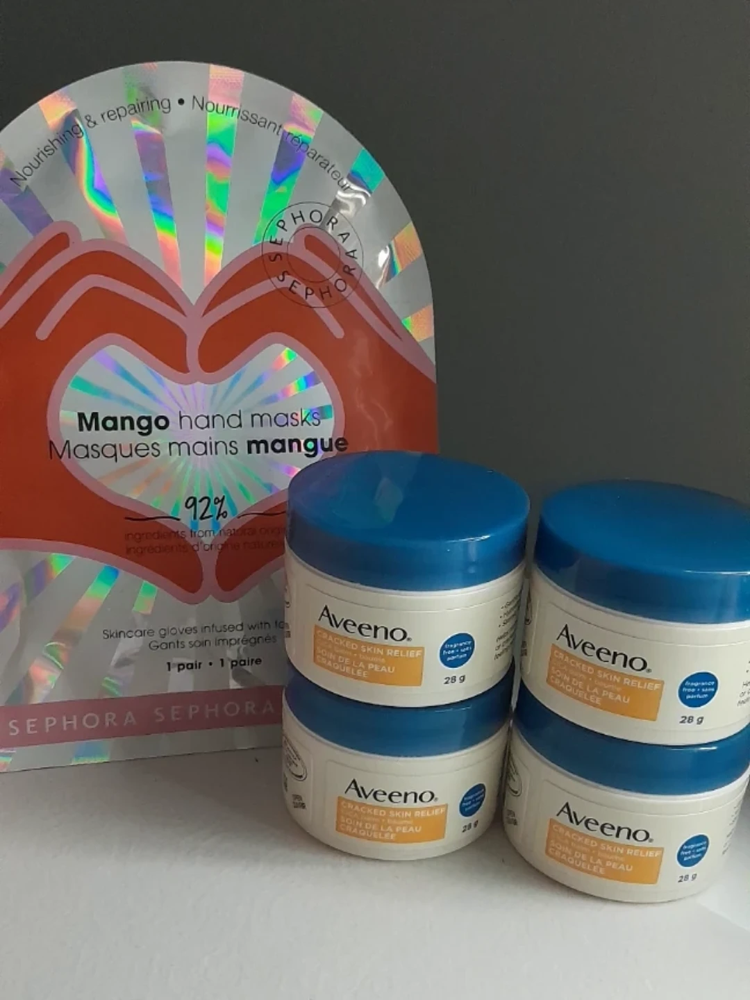 Sephora Mango Hand Masks & Aveeno Cracked Skin Relief Cream