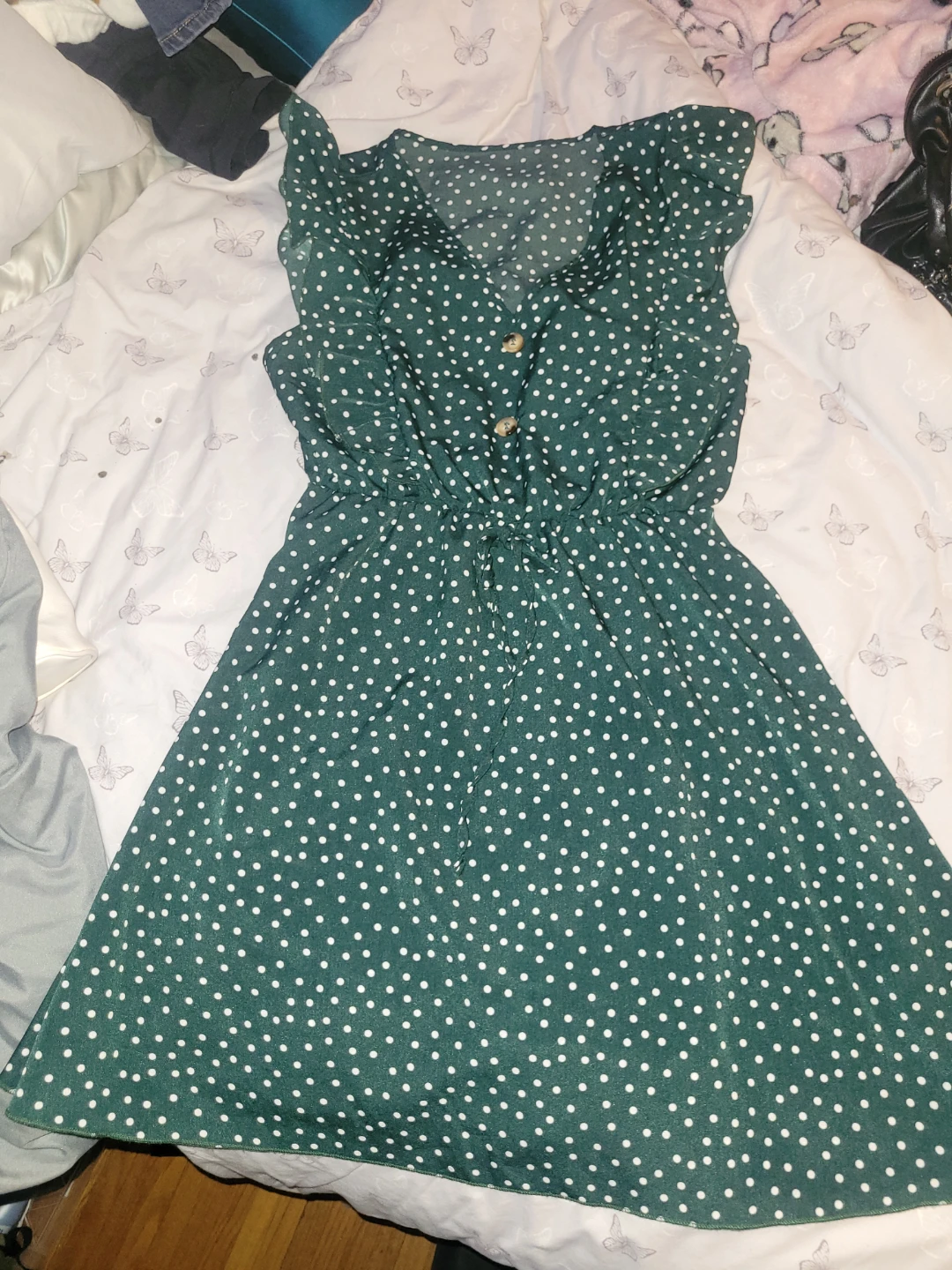 SHEIN Polka Dot Button Front Ruffle Sleeve Dress Green