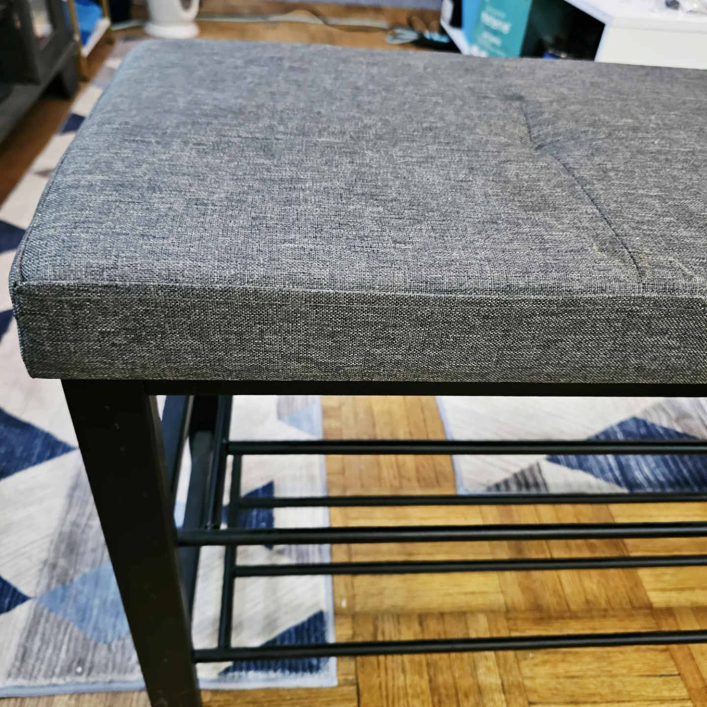 Grey Upholstered Bench with Shoe Rack