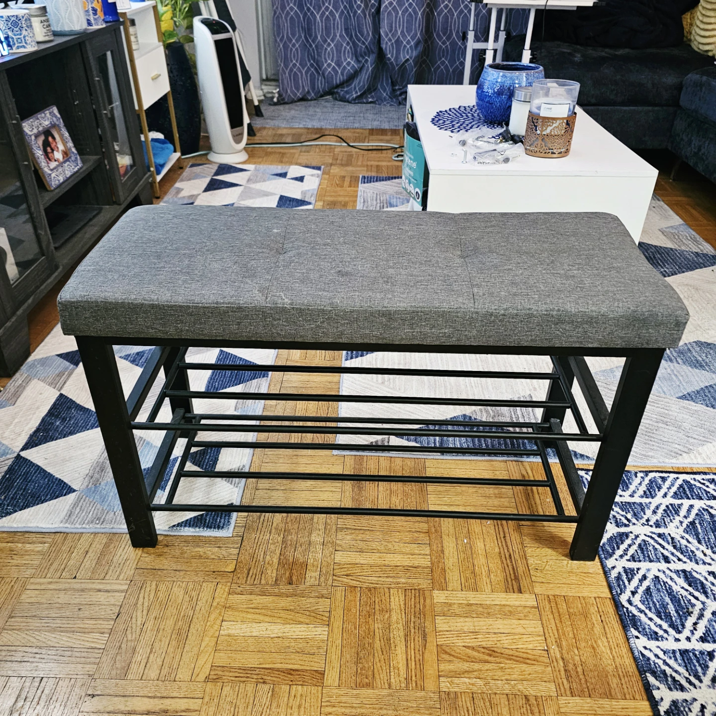 Grey Upholstered Bench with Shoe Rack - photo 2