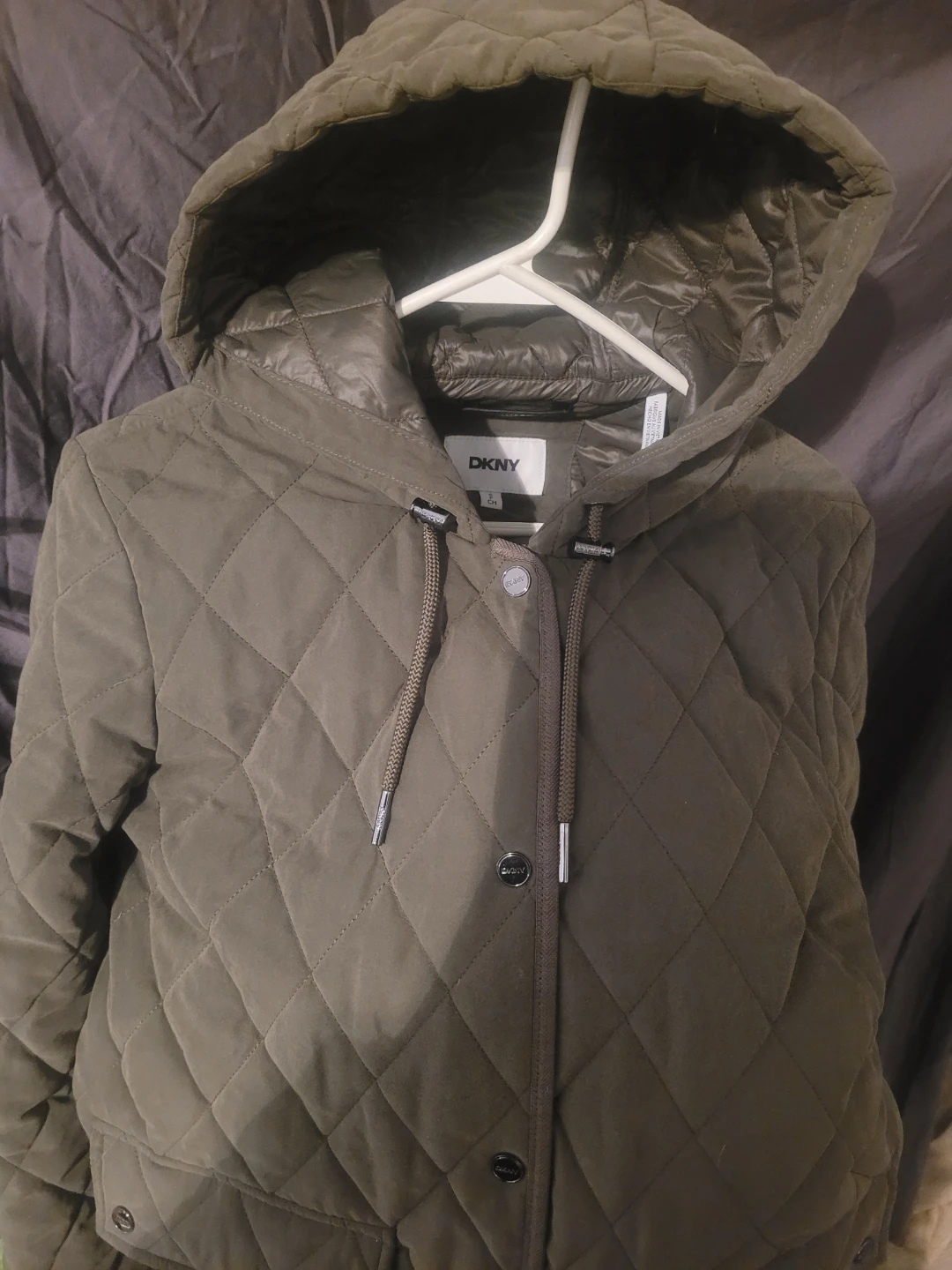 DKNY Quilted Hooded Jacket - Olive Green