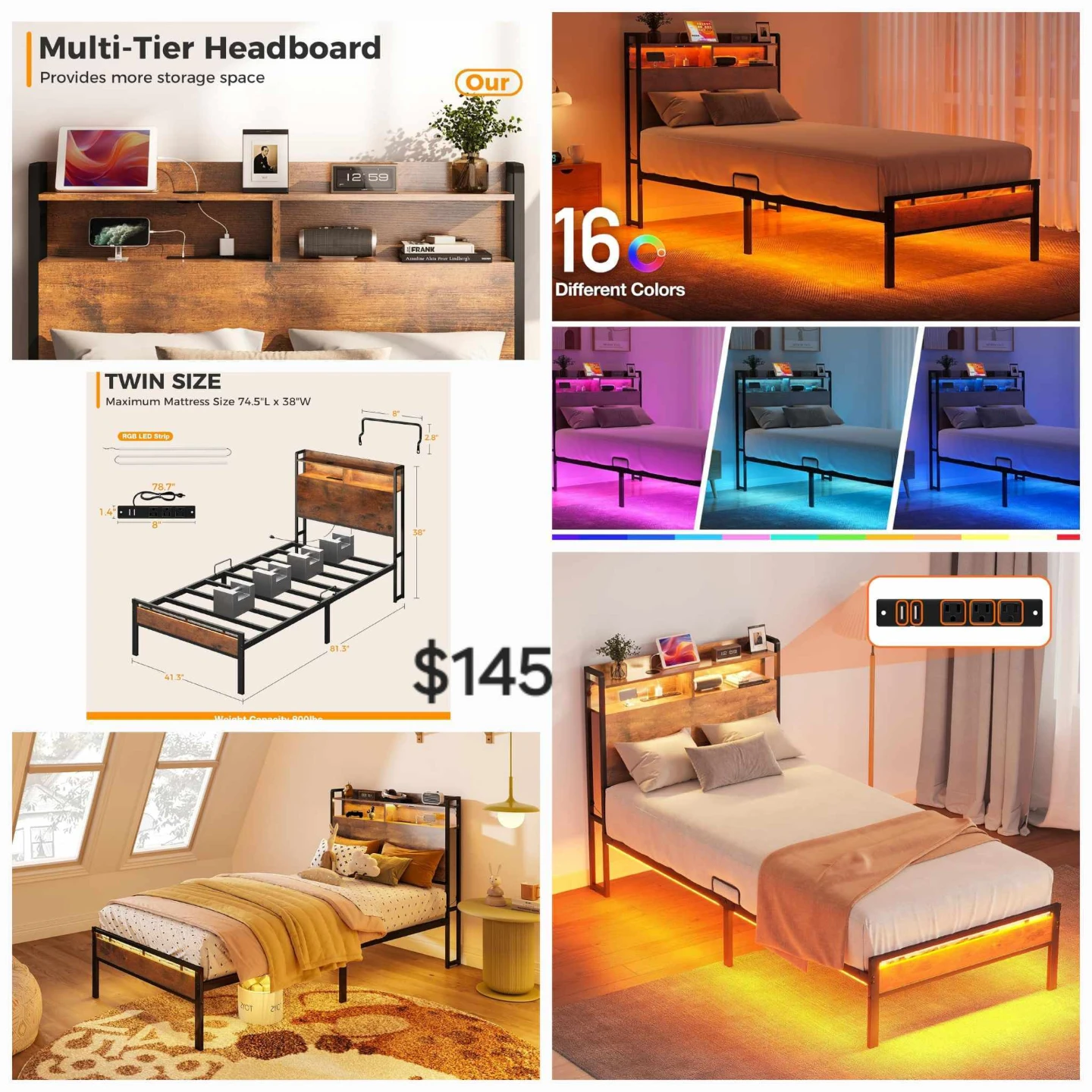 Twin Bed Frame with Headboard Storage and LED Lights - photo 3