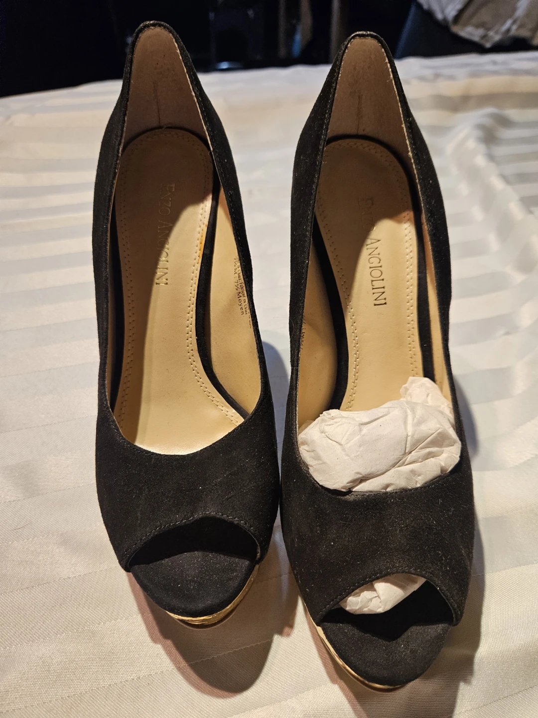 Enzo Angiolini Black Peep-Toe Heels with Gold Accent - Size 7.5M