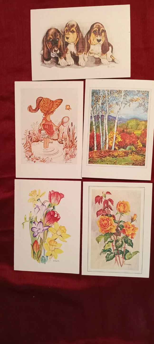 Set of 5 Art Greeting Cards: Puppies, Nature, Flowers
