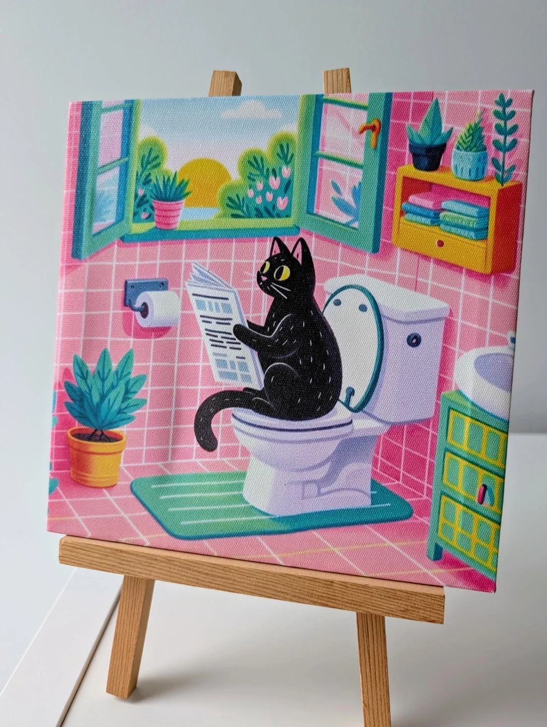 Framed New Black Cat on Toilet Reading Newspaper